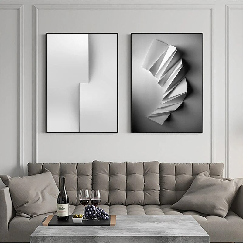 Nordic Black White Geometry Space Art Canvas Poster Painting Print Abstract 3D Wall Art Pictures for Living Room Morden Decor