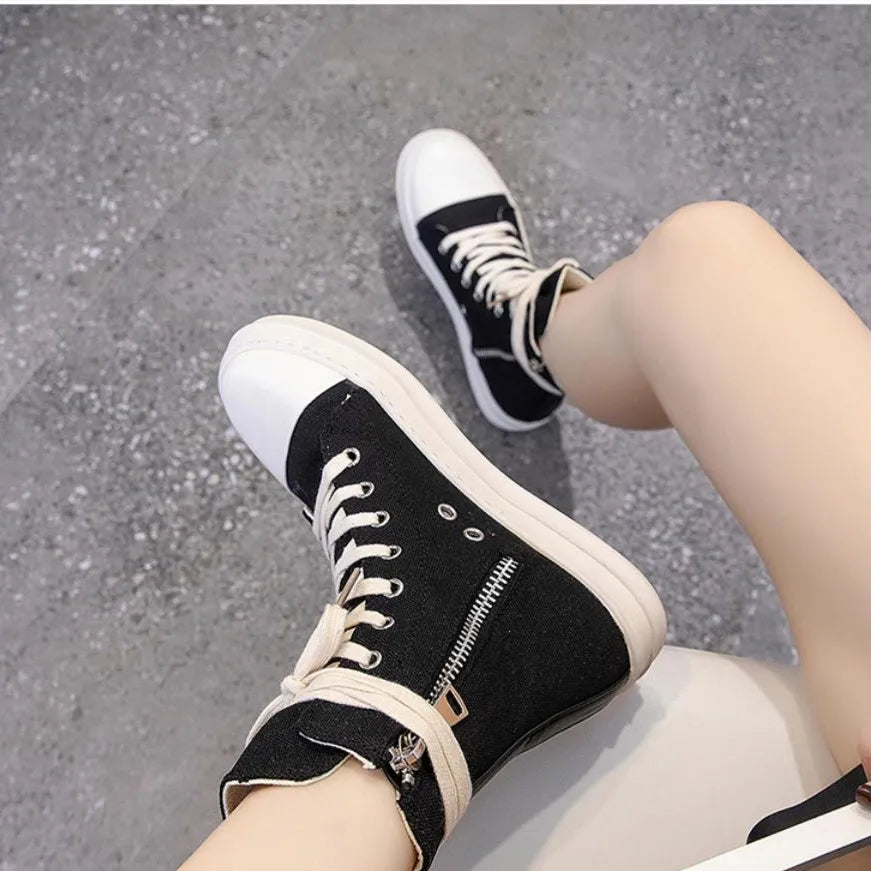 RICK OWENS "Style" Shoes High-TOP DARK SHADOW Canvas and PU Leather Sneakers