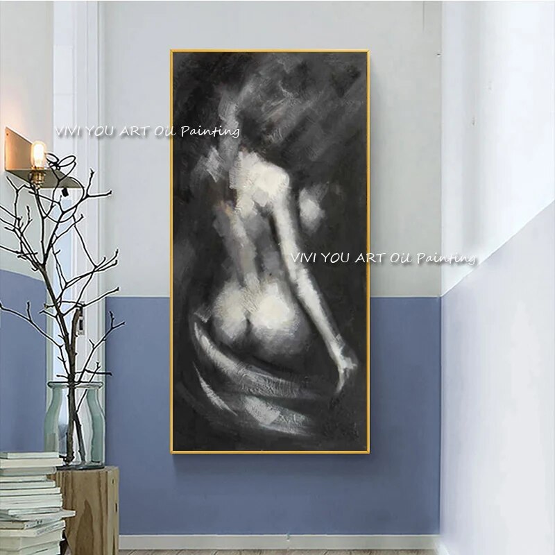 100% Handmade large  black white gray Naked Wall Art Sexy Girl woman  Modern Abstract Nude Oil Painting on Canvas