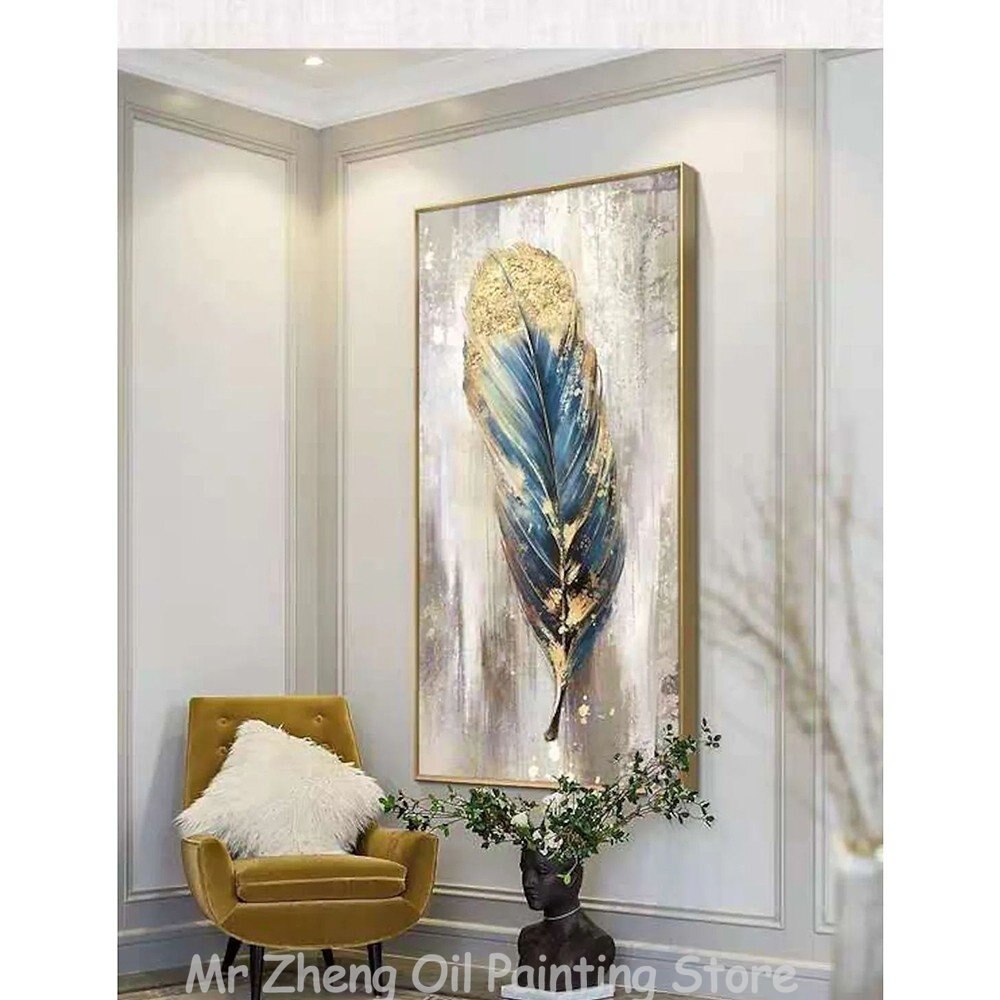 Golden Feather Oil Painting Abstract Handmade Canvas
