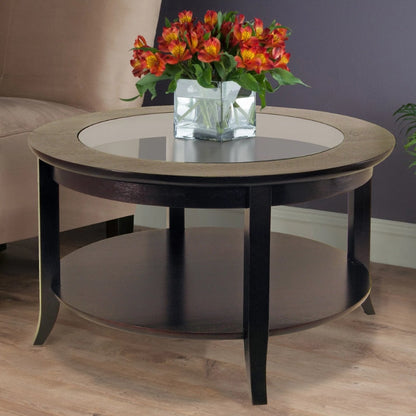 Wood Genoa Round Coffee Table with Glass Top, Espresso Finish