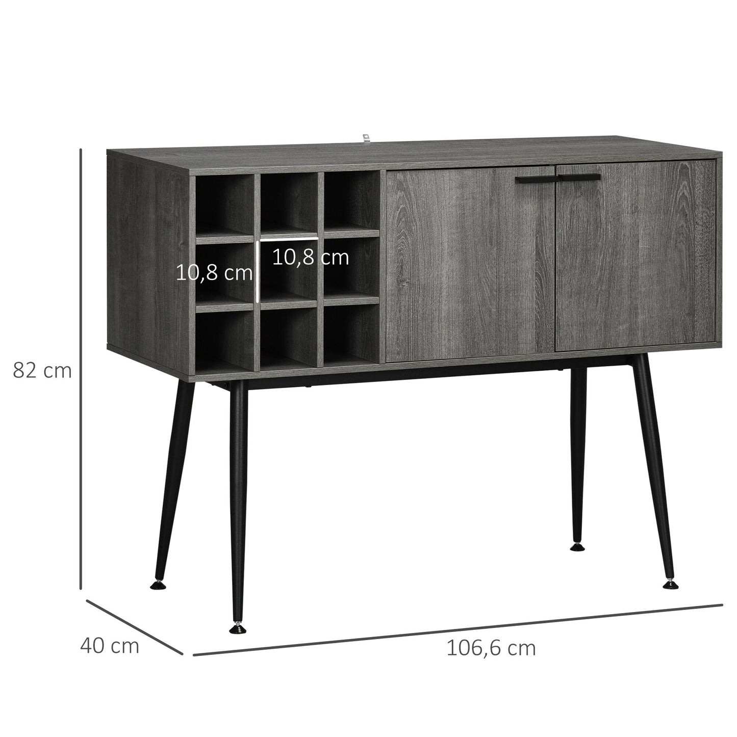 HOMCOM kitchen sideboard 2-door Buffet furniture 9-bottle wine rack with Metal legs for living room dining room 106,6x40x82 cm Gray