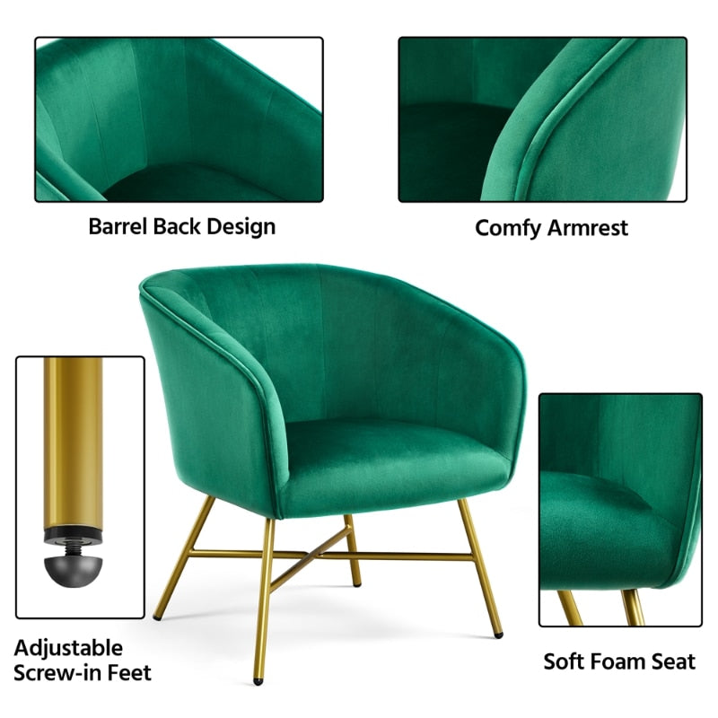 Velvet Club Accent Chair, Green Lounge Sofa Chairs for Living Room Bedroom, Elegant In Appearance, Adjustable Footpads