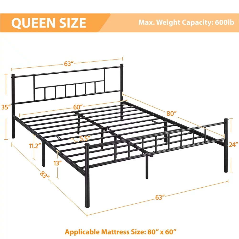 Metal Queen Platform Bed with Headboard and Footboard, Black