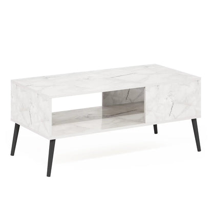 Claude Mid Century Style Coffee Table with Wood Legs, Marble White