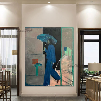 Man Walking with Umbrella Oil on Canvas