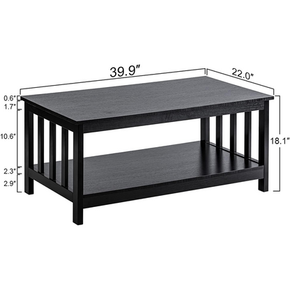 Mission Coffee Table, Black Wood Living Room Table with Shelf, 40 Black
