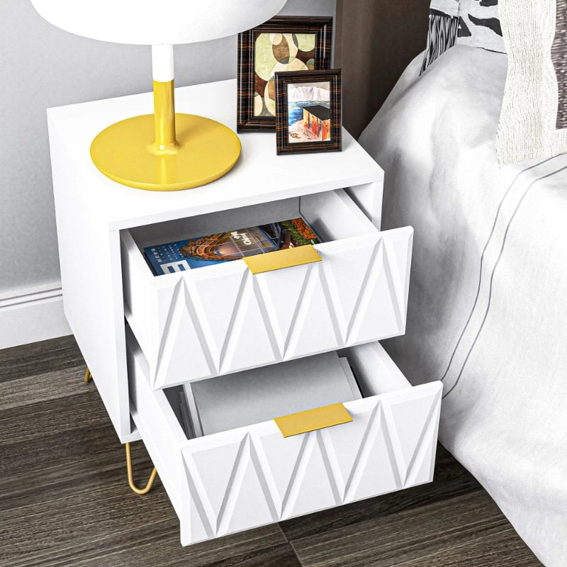 Hommoo 2 Drawers Nightstand Set, Modern Bedside Table Set with Metal Leg, Accent End Side Table for Living Room & Bedroom, White