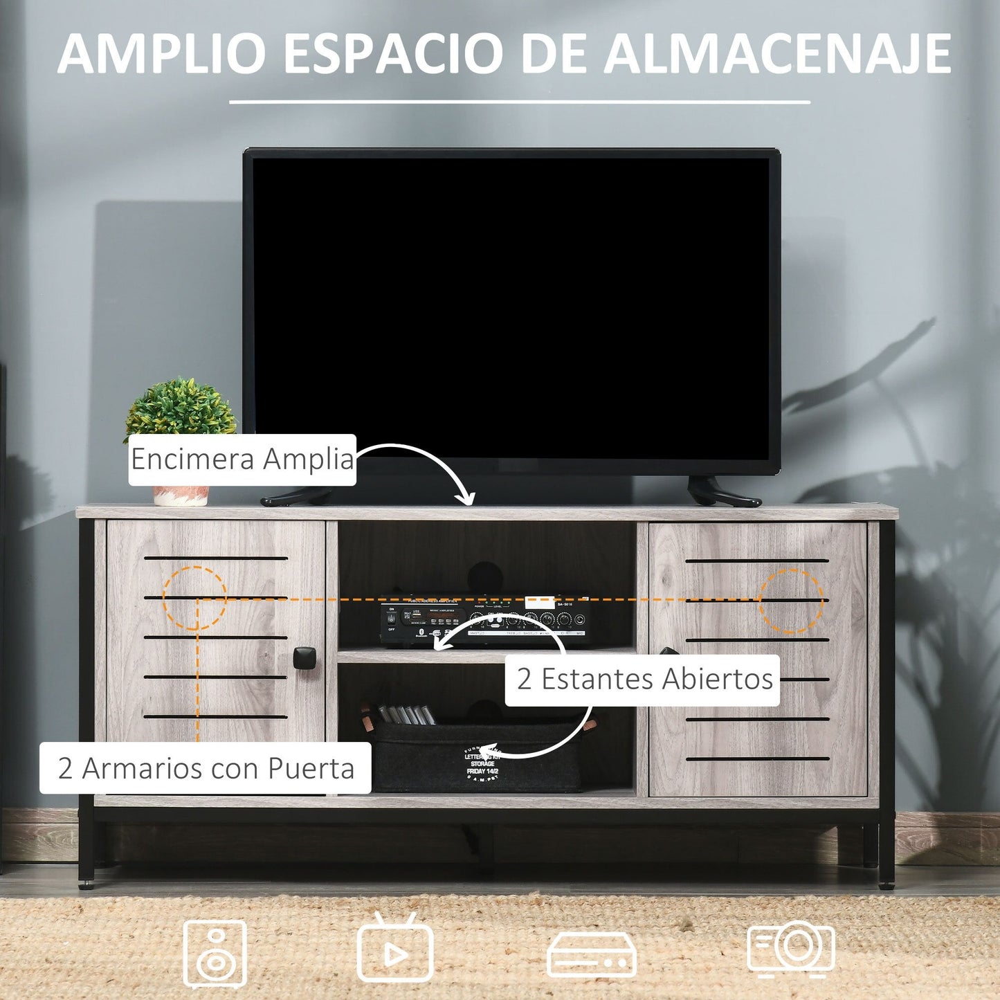 HOMCOM TV cabinet up to 50 inch Industrial style living room table with 2 closed shutter doors and 2 open shelves 110x40x50 cm gray oak