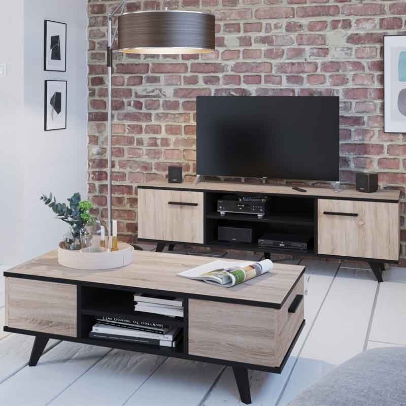 TV table TV Way Color brushed oak and black with doors and compartment. Measures: 151x46