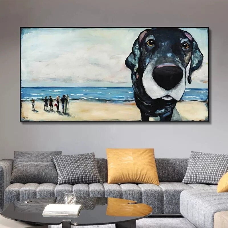 Extra Large  Black Dog close up on beach landscape